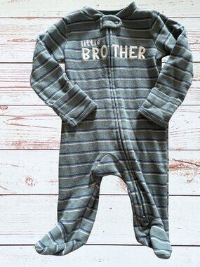 Carter’s 3 Month Baby Boy Green Striped “Little Brother” Zip-Up Footie Pajama